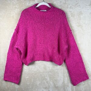 Anthropologie Pink Chunky Knit Cropped Oversized Sweater Womens Large Fuchsia
